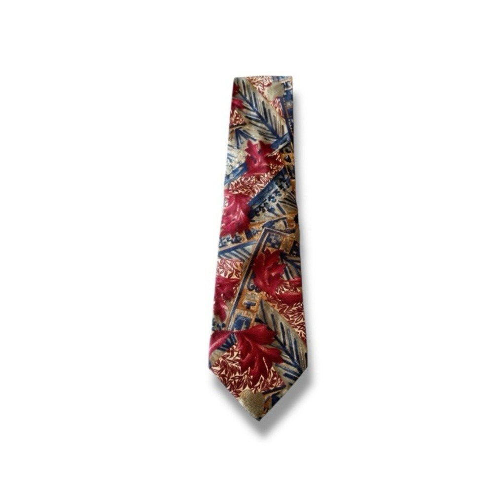 Christian Dior Monsieur Silk Tie Italy Woven Dark Red Navy Botanical Necktie VTG